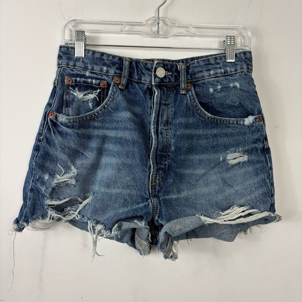 Zara High Rise Jean Shorts Women’s 6 Button Fly Rigid Denim Classic Festival
